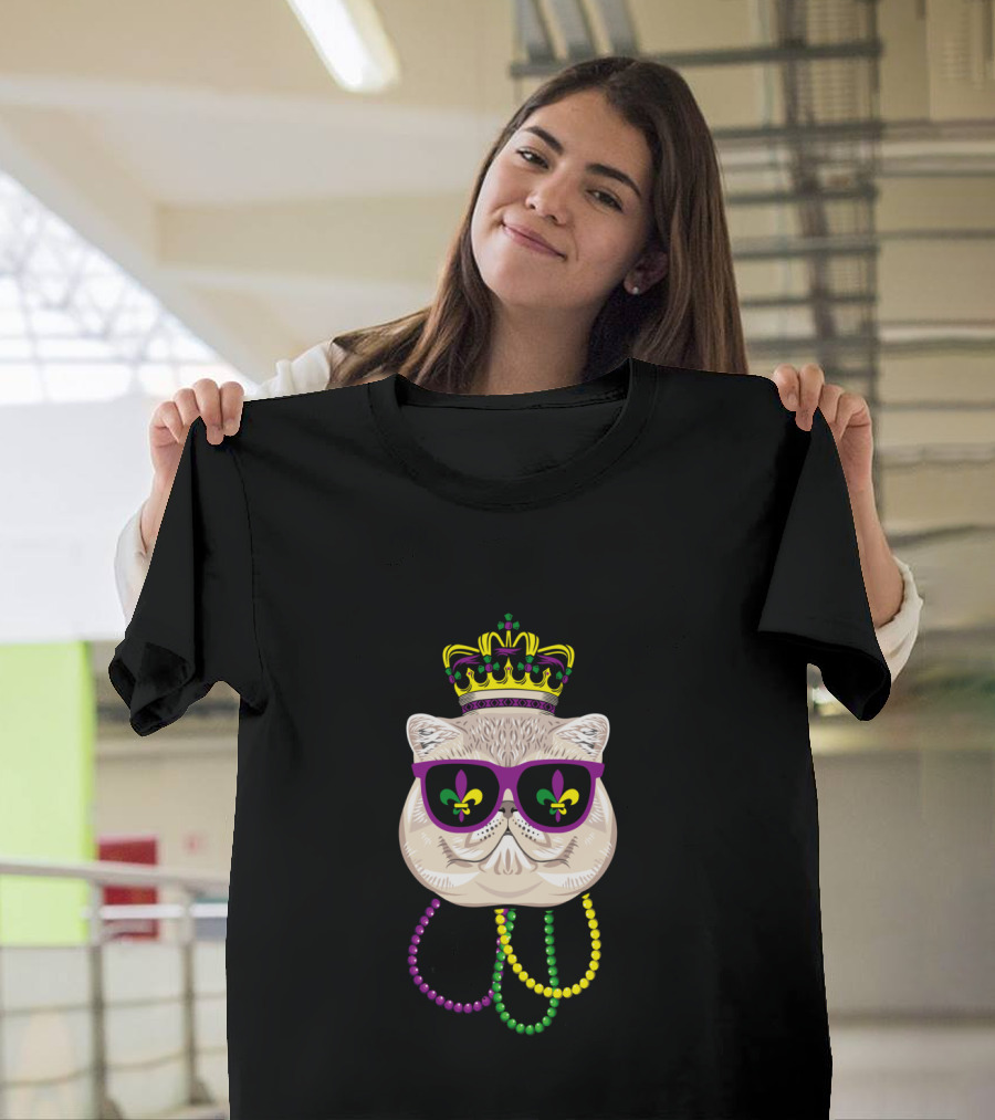 Mardi Gras Cat Wearing Crown, Sunglasses with Fleur-de-Lis, and Colorful Beads T-Shirt