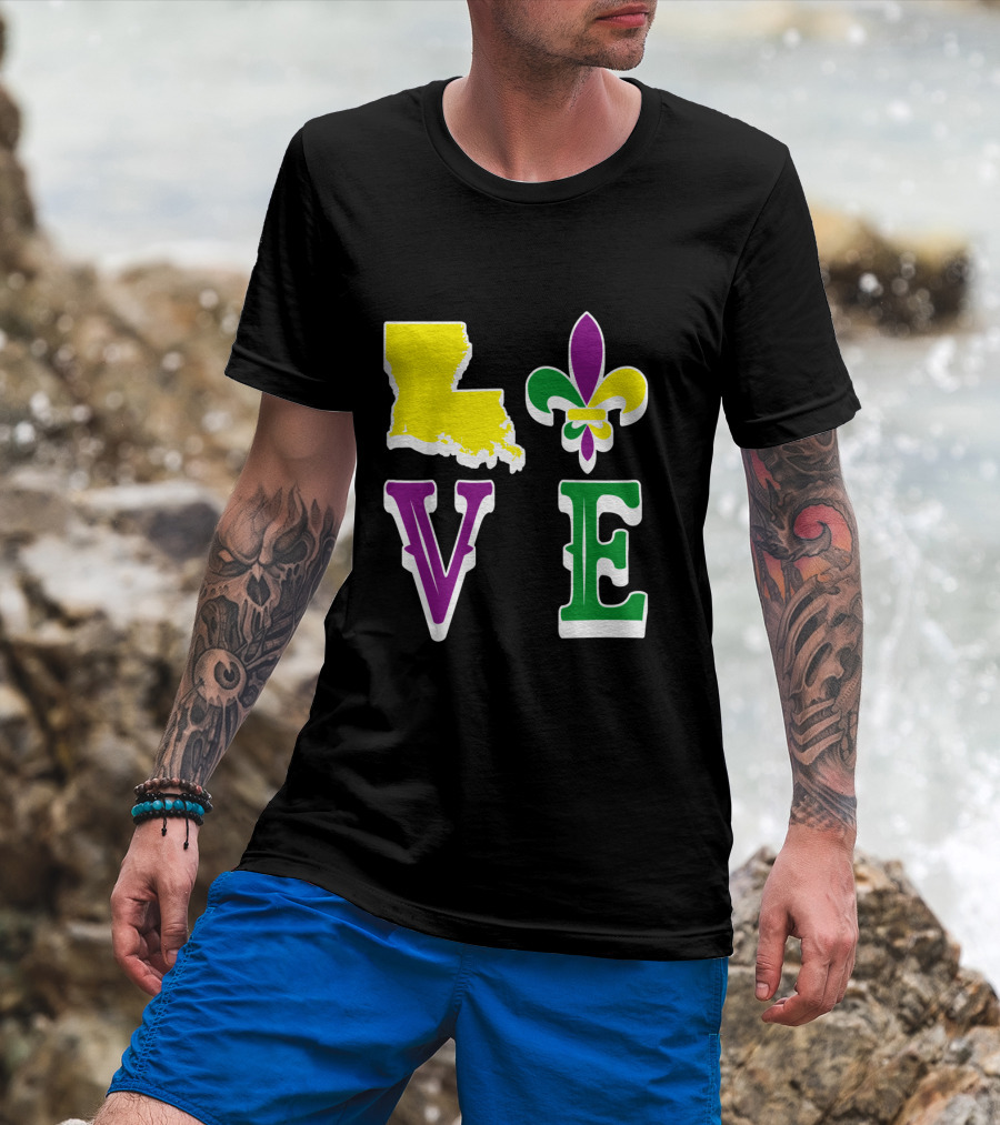 Love Louisiana Mardi Gras Map Fleur-de-Lis T-Shirt
