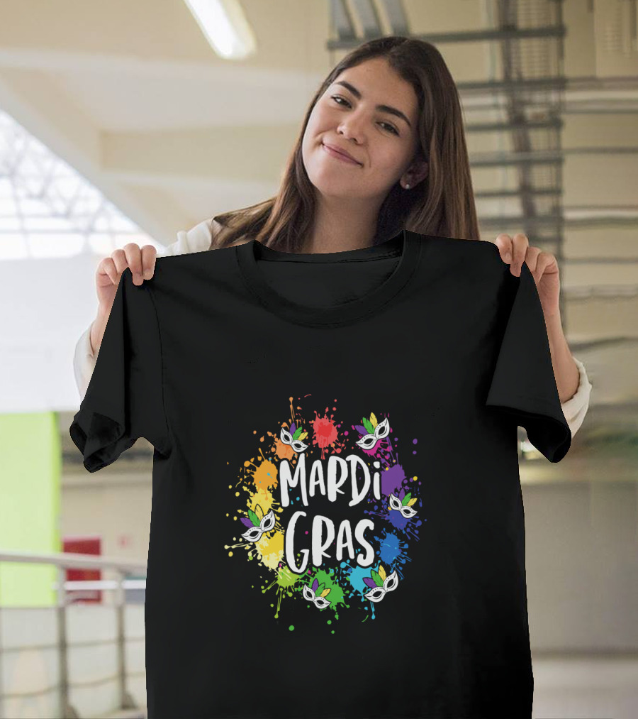 Mardi Gras Mask Colorful Paint Splatter New Orleans T-Shirt