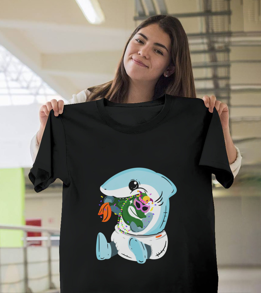Mardi Gras Shark Baby Eating Bead-Covered Fish T-Shirt