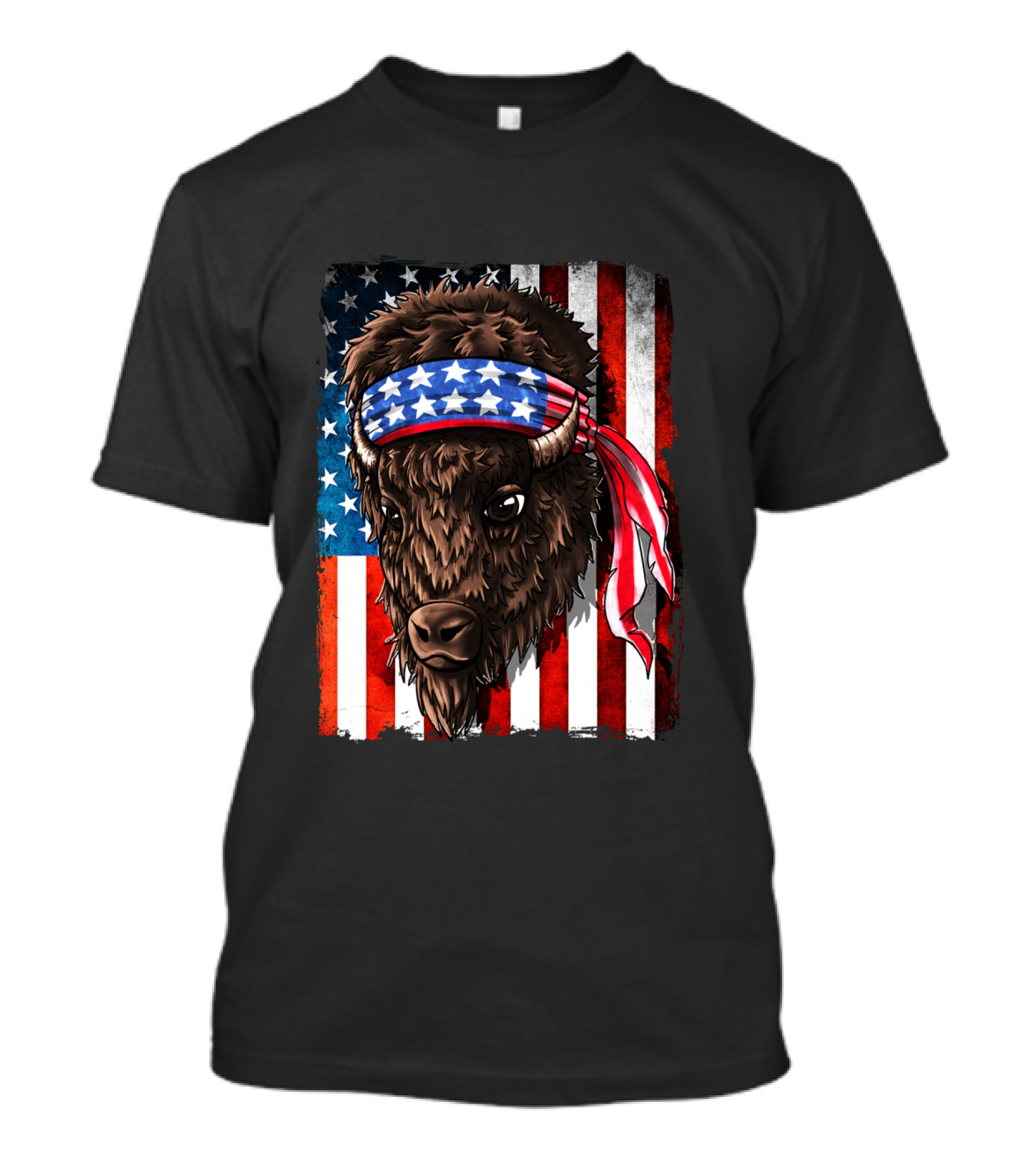 Buffalo With American Flag Headband On Patriotic Western Background T-Shirt