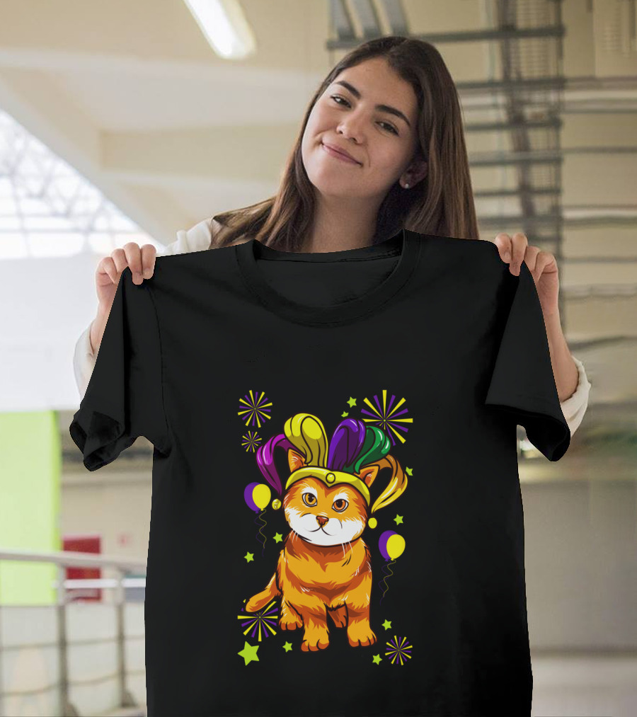 Mardi Gras Cat Lovers Jester Hat Festive Cat T-Shirt