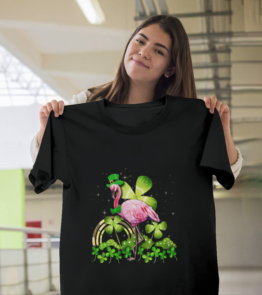Flamingo St Patrick Day Shamrocks Leprechaun Rainbow Bowtie Sparkles T-Shirt