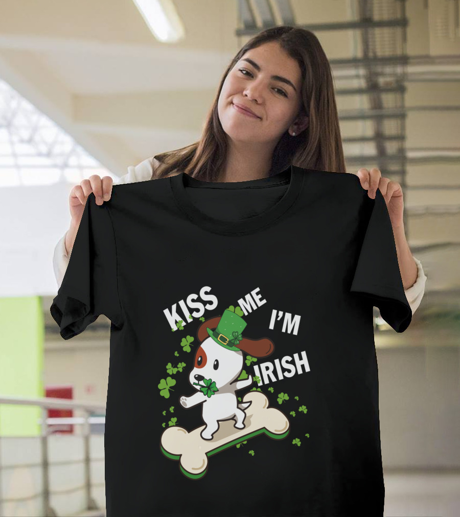 Kiss Me I'm Irish Jack Russell Dog With Lucky Shamrock And Hat On Bone T-Shirt