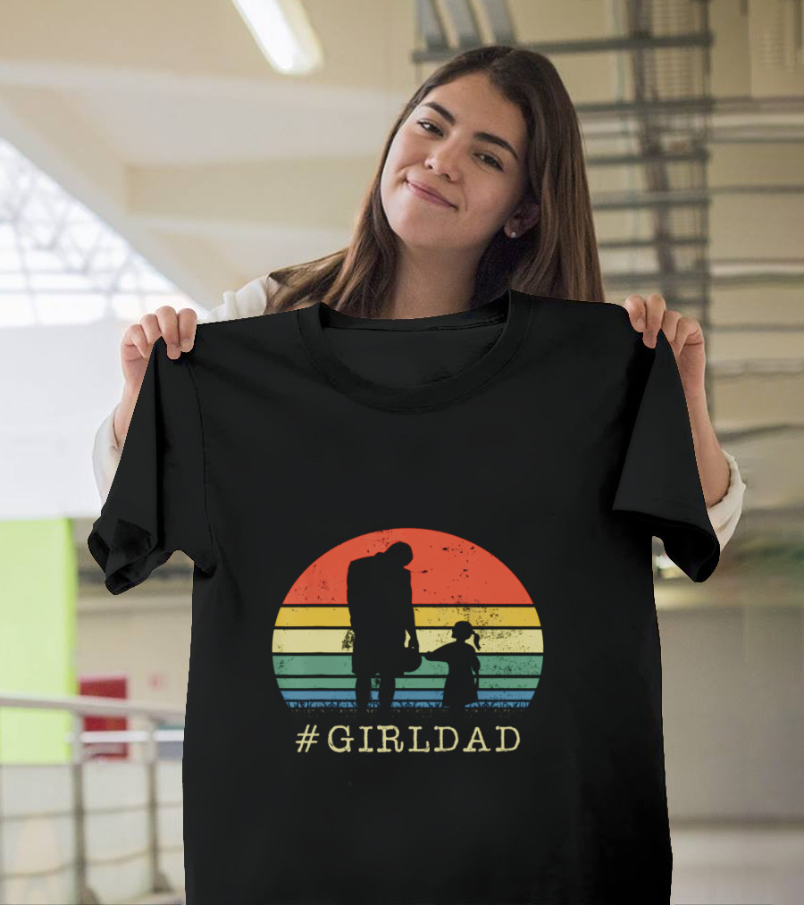 GirlDad Father And Daughter Silhouette Against Retro Sunset T-Shirt
