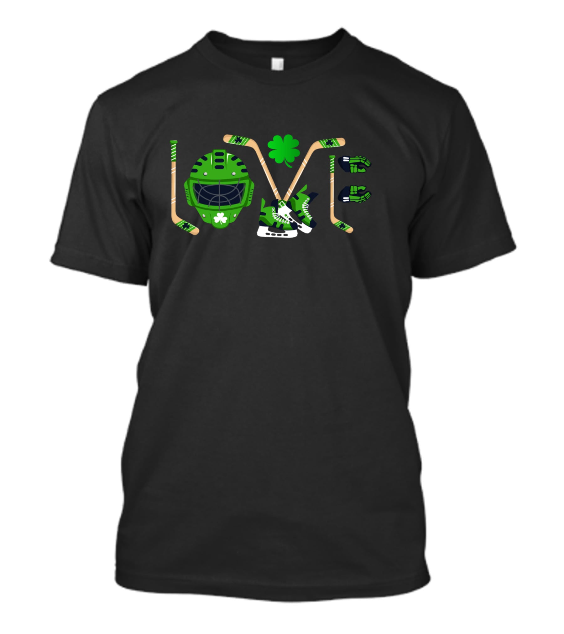 Love Hockey Sports Leprechaun Clover Helmet Sticks Skates Gloves T-Shirt