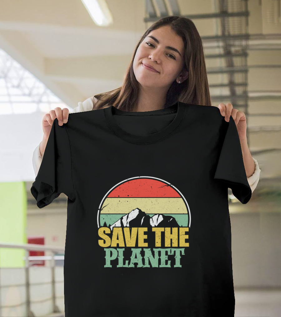 Save The Planet Earth Day Mountain Vintage Retro Sunset T-Shirt