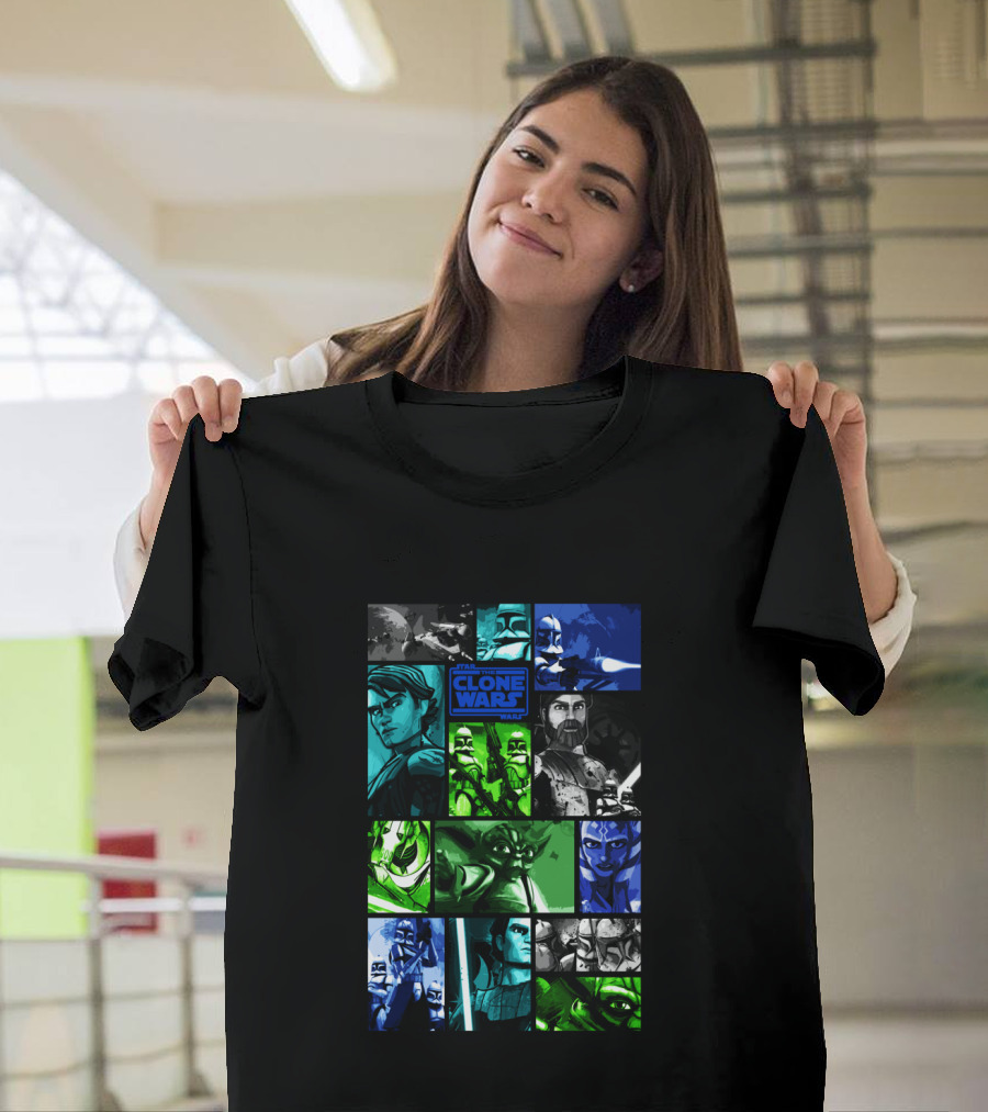 Star Wars The Clone Wars Character Montage Panels Featuring Iconic Heroes and Villains T-Shirt