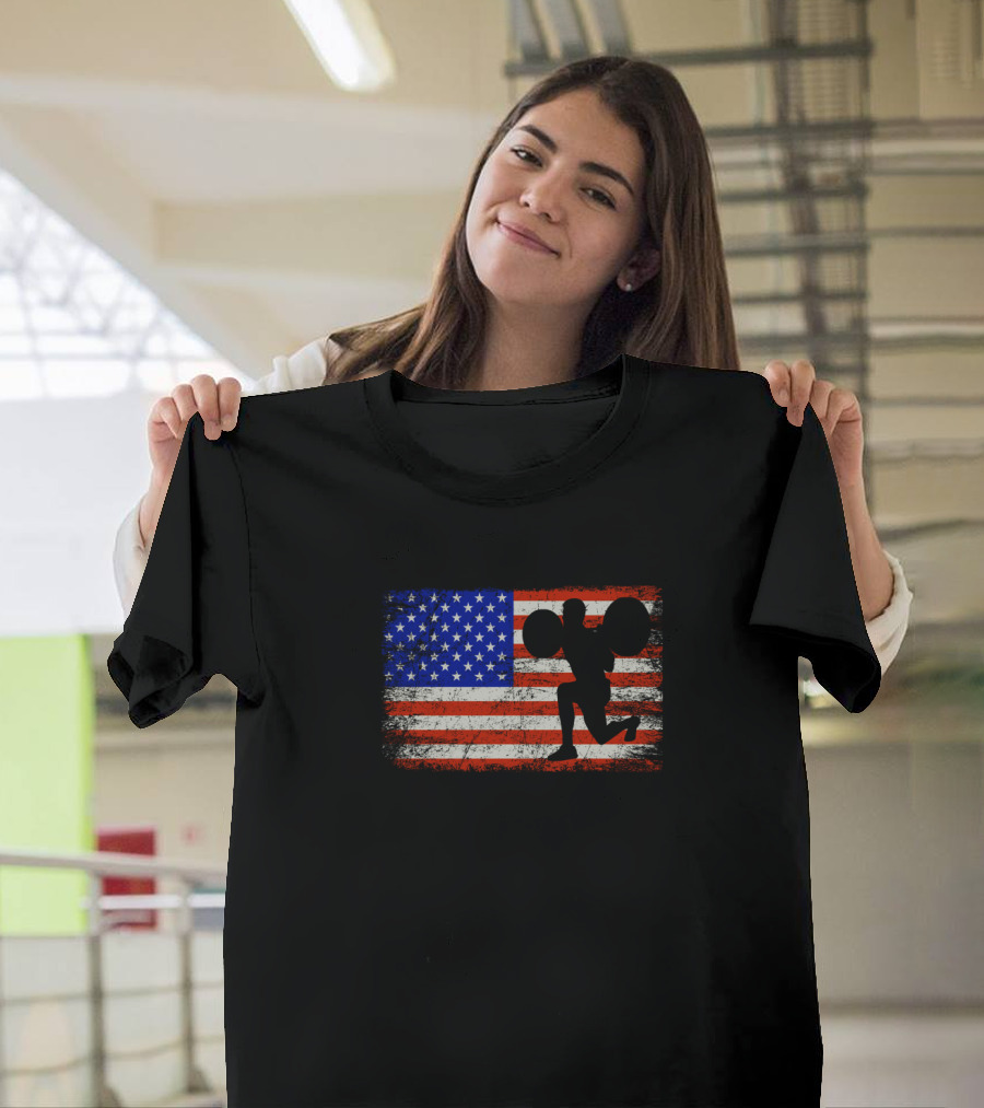 American Flag Weightlifting Silhouette On Distressed Stars And Stripes Background T-Shirt