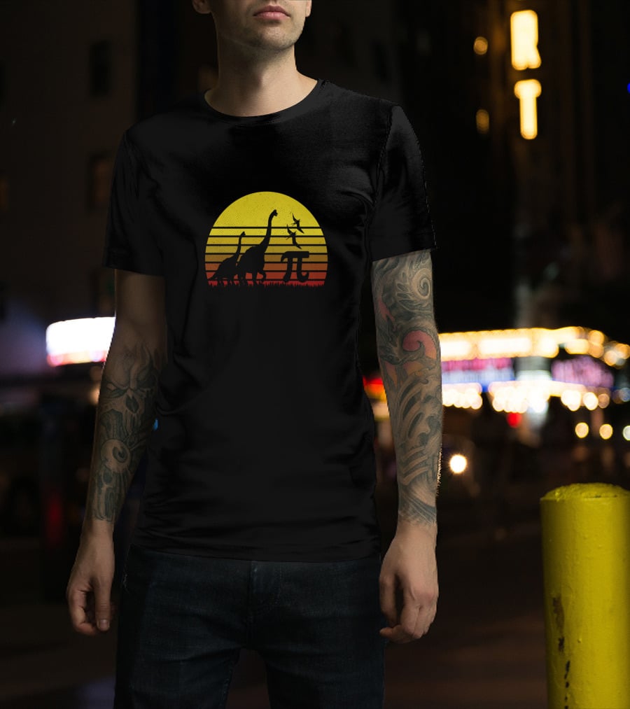 Retro Vintage Dinosaur Pi Day Sunset Scene T-Shirt