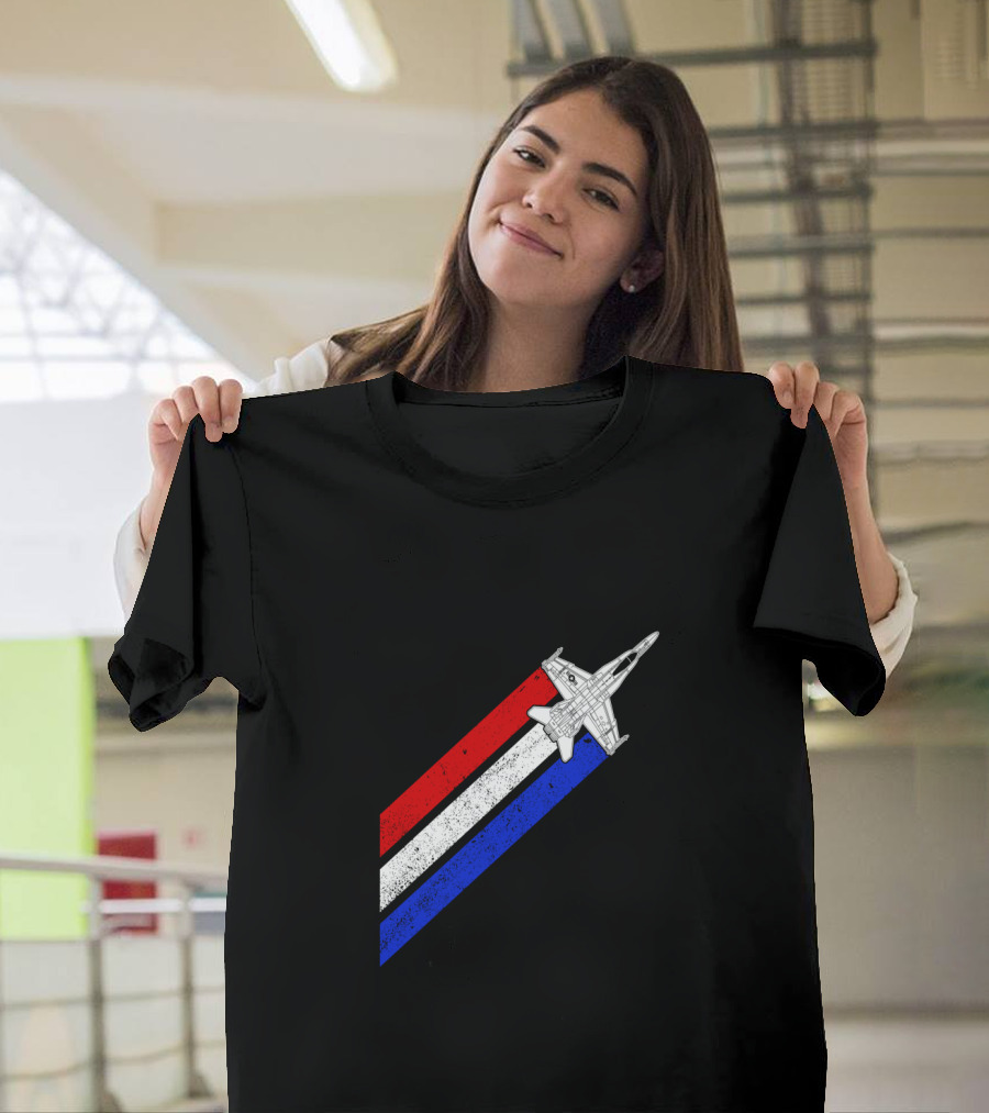 F18 Hornet Airplane Schematic Red White Blue Vintage Stripes T-Shirt