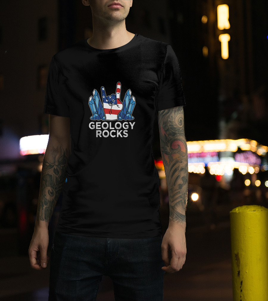 Geology Rocks USA Flag Mineral Crystals Hand Sign T-Shirt