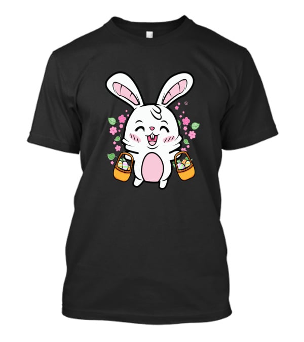 Kids Easter Bunny With Baskets Cute Egg Hunt Colorful Spring Flowers T-Shirt