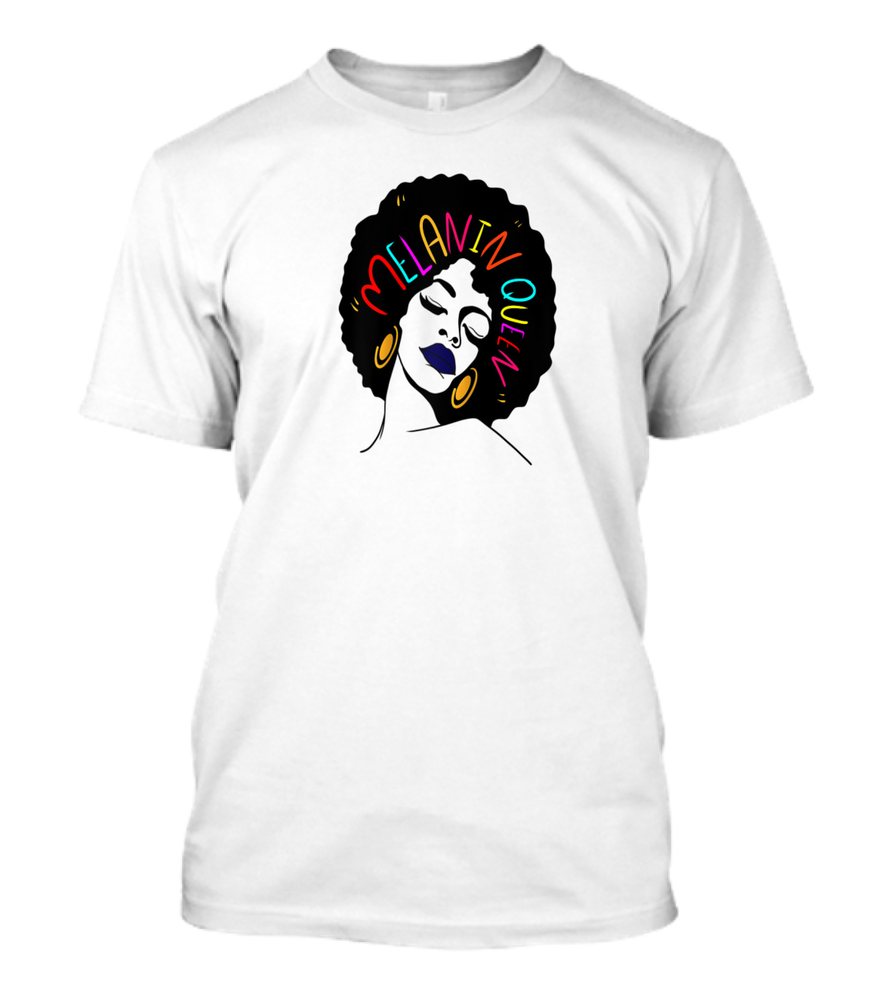 Melanin Queen Afro American Afro Latina Proud Black Woman Raglan Afro Hairstyle Bold Colors Gold Hoop Earrings T-Shirt