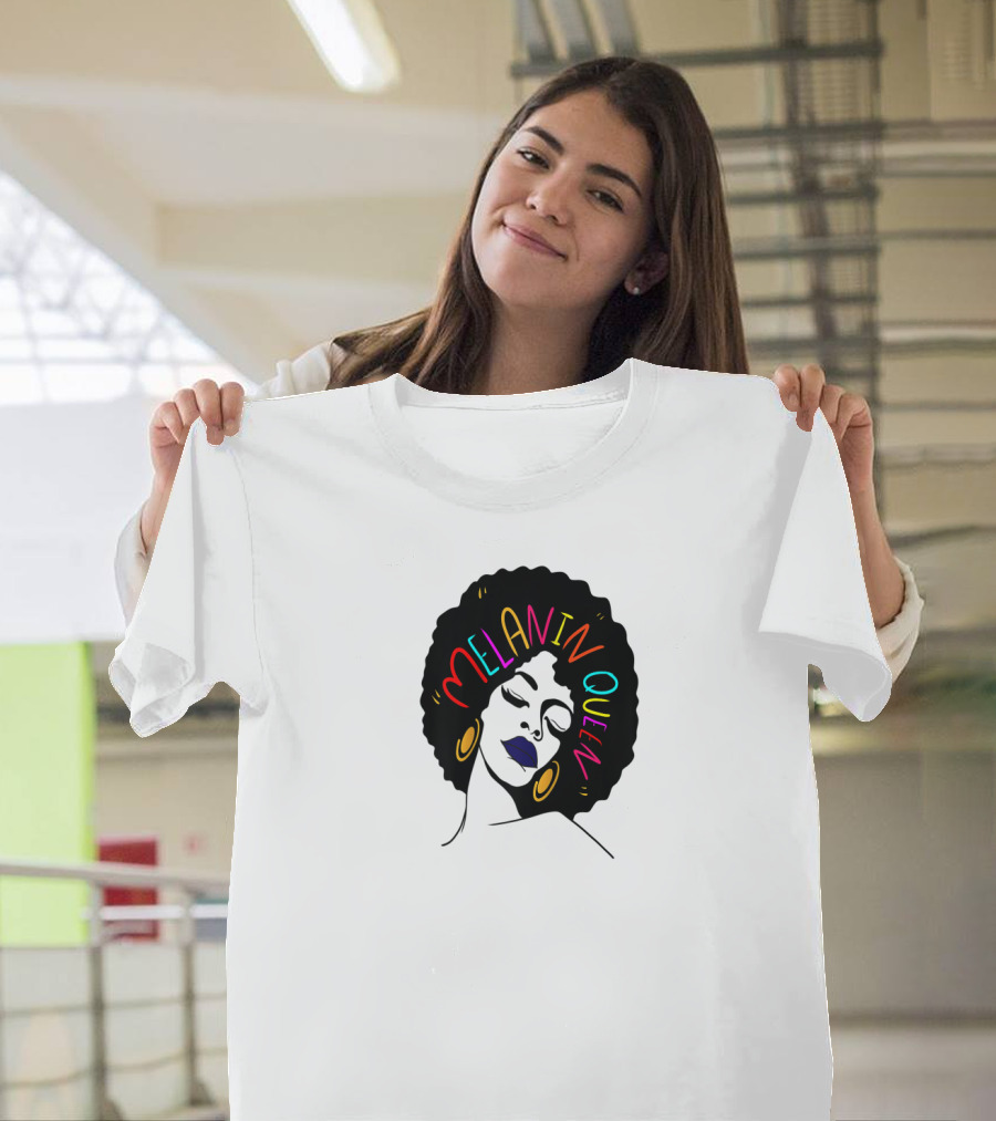 Melanin Queen Afro American Afro Latina Proud Black Woman Raglan Afro Hairstyle Bold Colors Gold Hoop Earrings T-Shirt