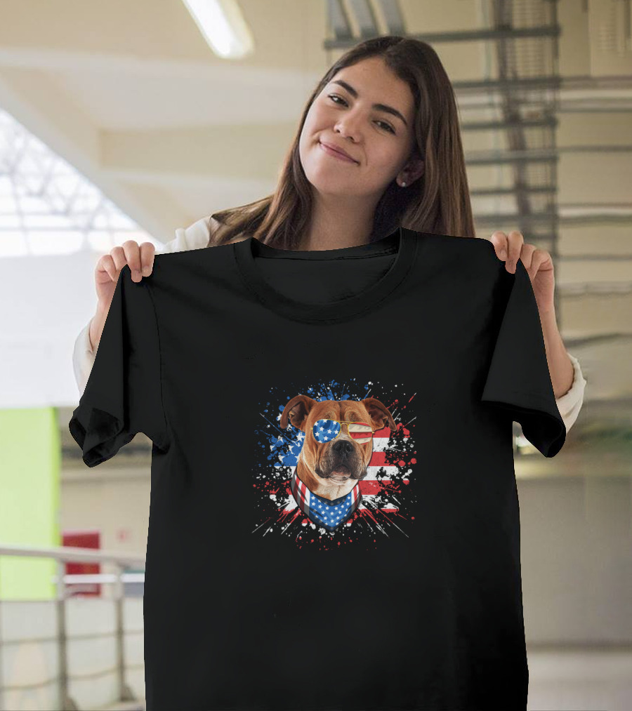 Pitbull Dog Lover American Flag Glasses Bandana Fourth Of July Funny Dog T-Shirt