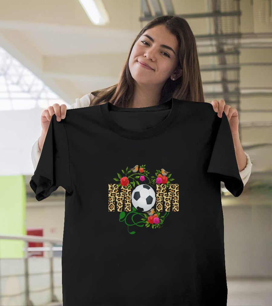SOCCER MOM Leopard Print Floral Soccer Ball T-Shirt