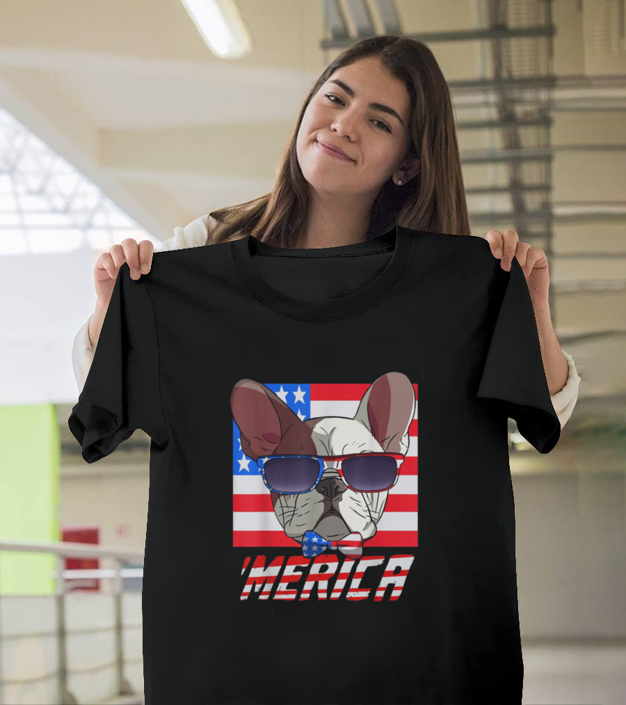 French Bulldog Merica American Flag Sunglasses 4th of July T-Shirt