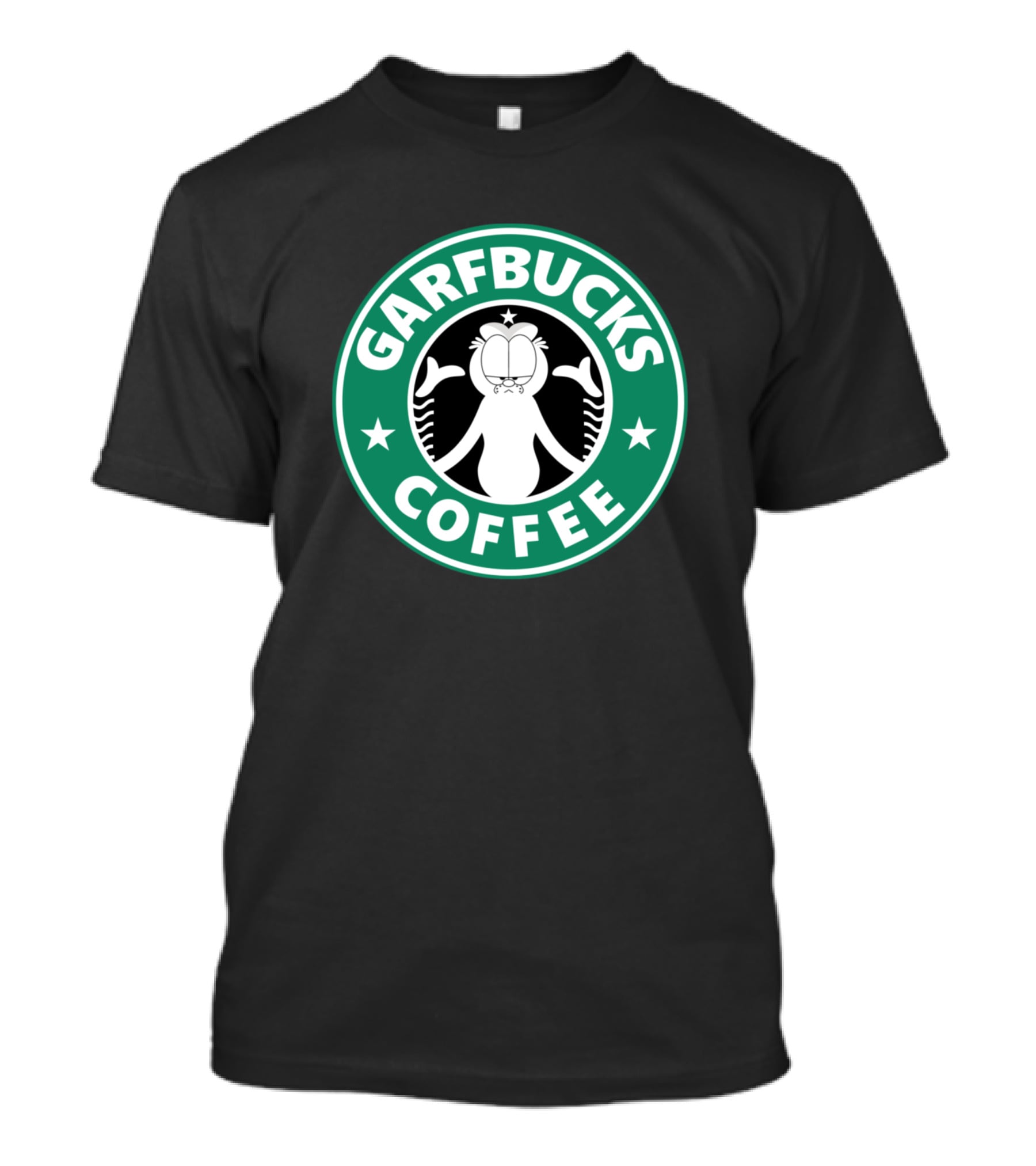 Garfield Garfbucks Coffee Logo Parody With Green Circle Stars And Cartoon Cat T-Shirt