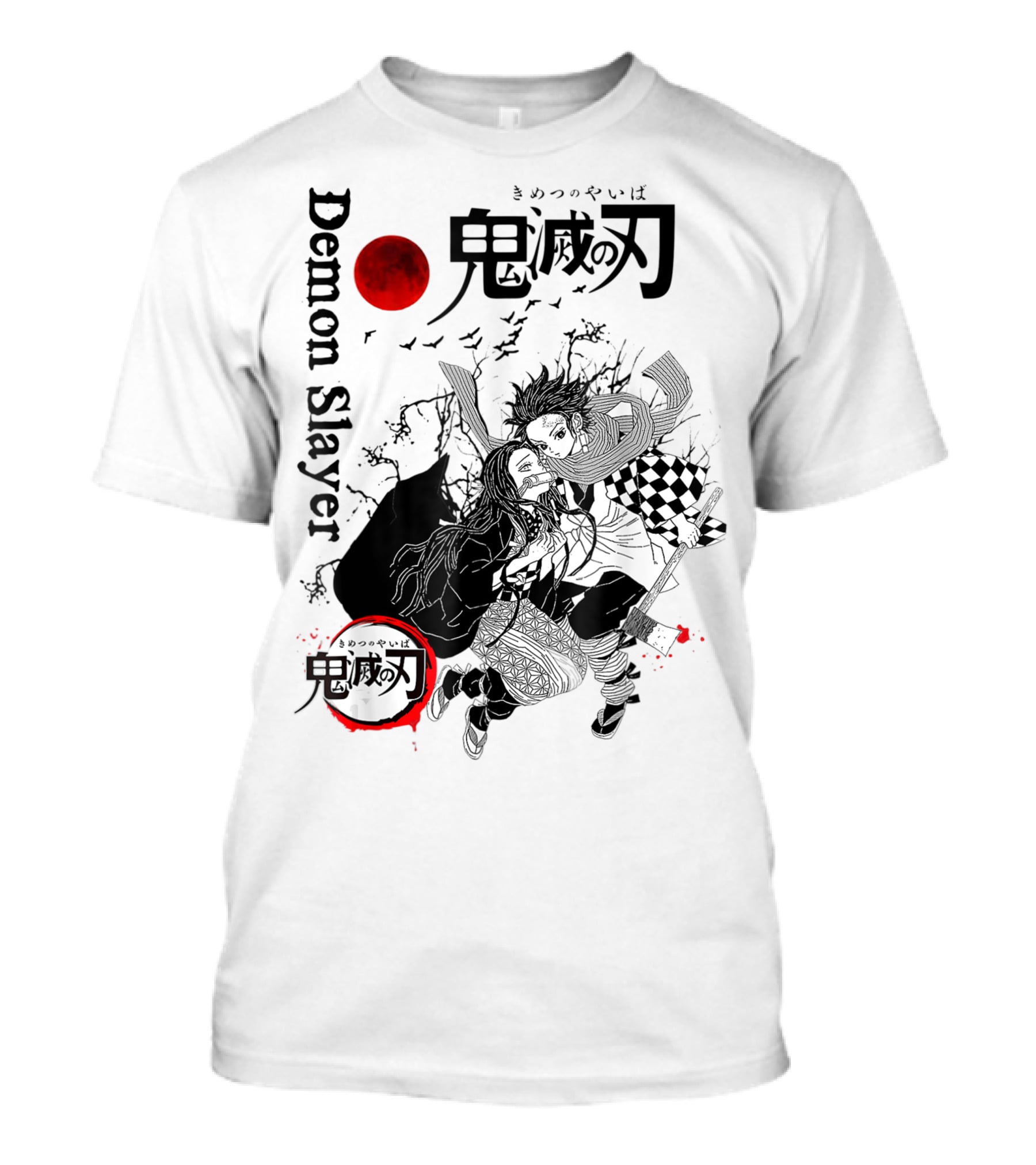 Demon Slayer Black And White Arts Anime With Red Moon T-Shirt