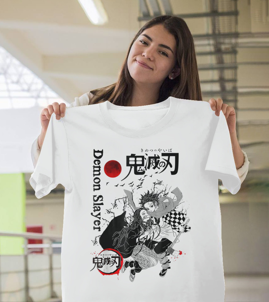 Demon Slayer Black And White Arts Anime With Red Moon T-Shirt