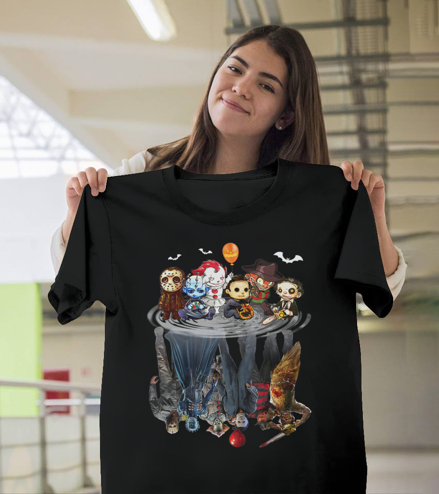 Chibi Character Water Reflection Horror Movie Icons Cute Creeps T-Shirt