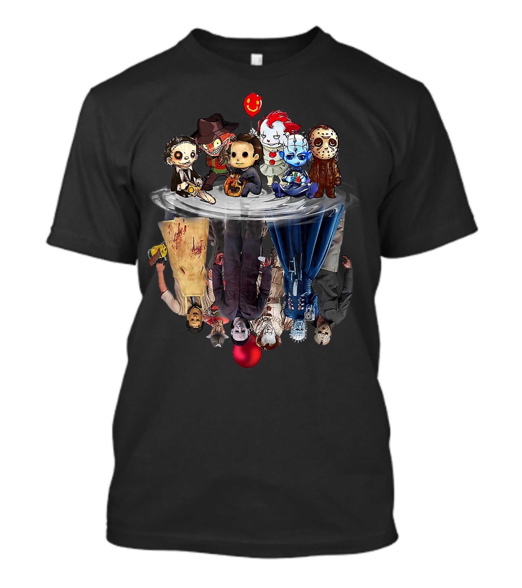 Cute Horror Movie Chibi Character Water Reflection Iconic Figures T-Shirt