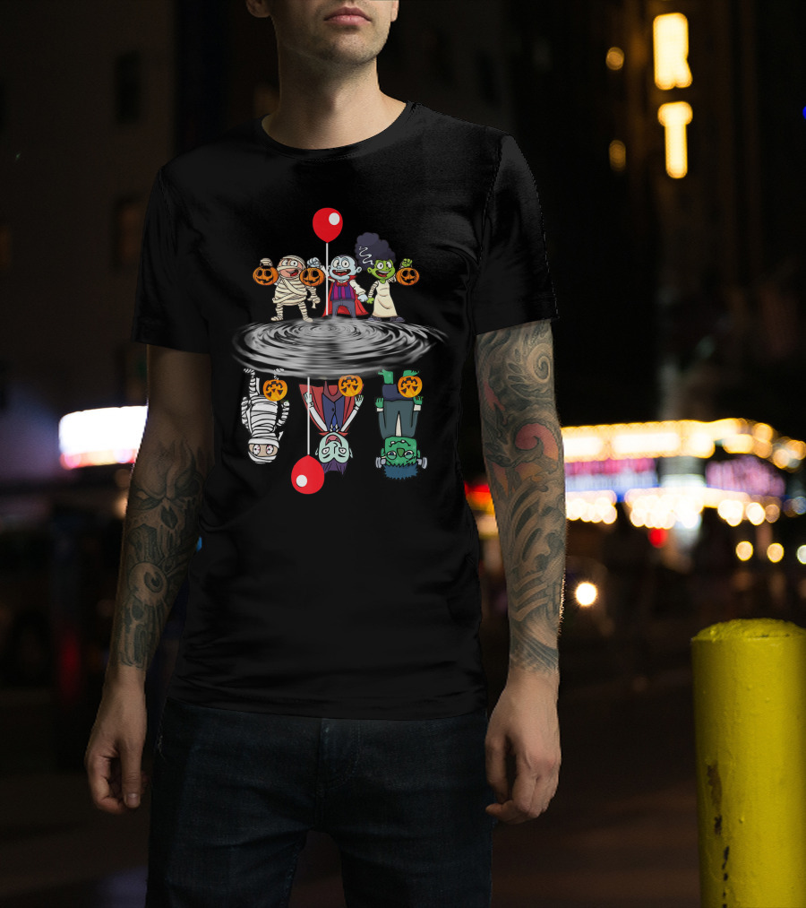 Halloween Horror Characters Reflection In Water With Red Balloons T-Shirt