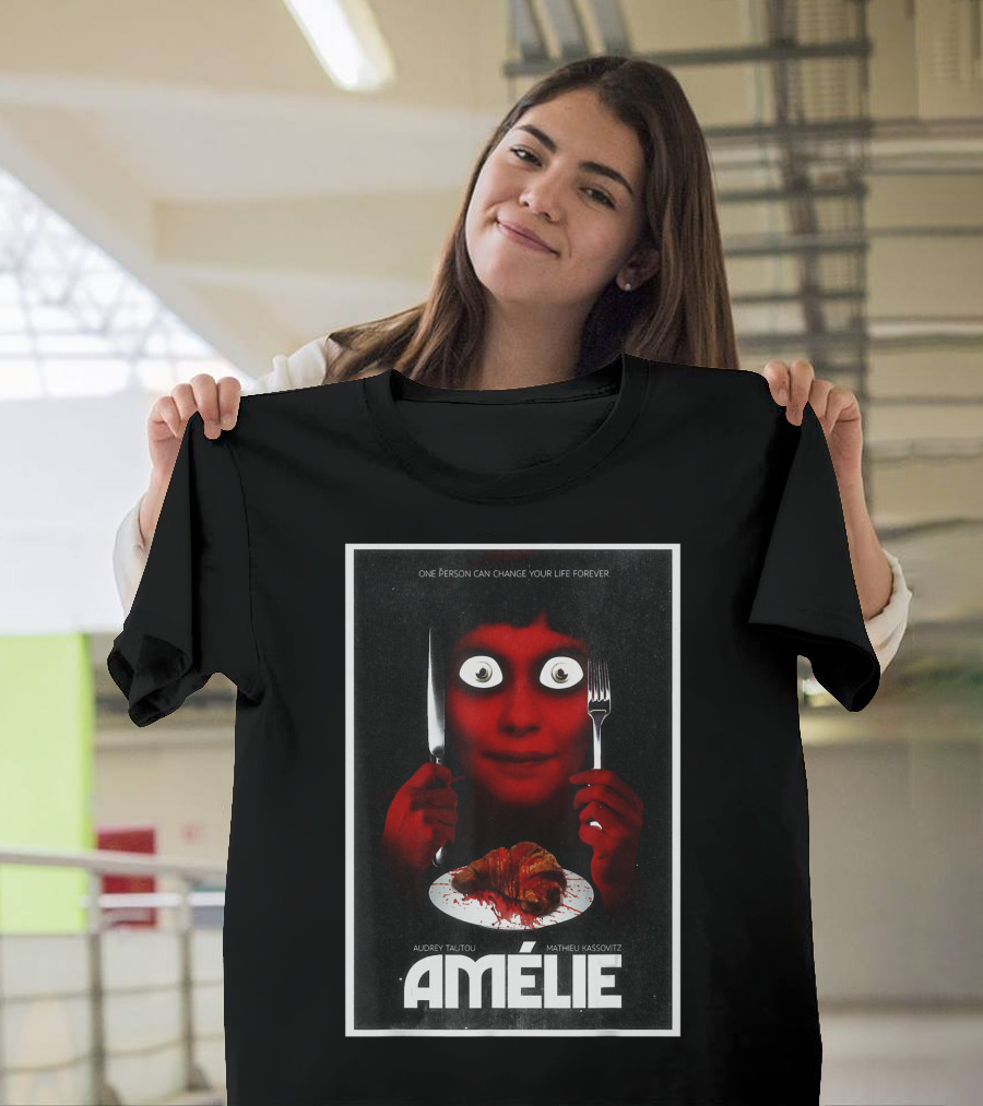 Amélie Horror Parody Audrey Tautou Matthieu Kassovitz Creepy Croissant T-Shirt