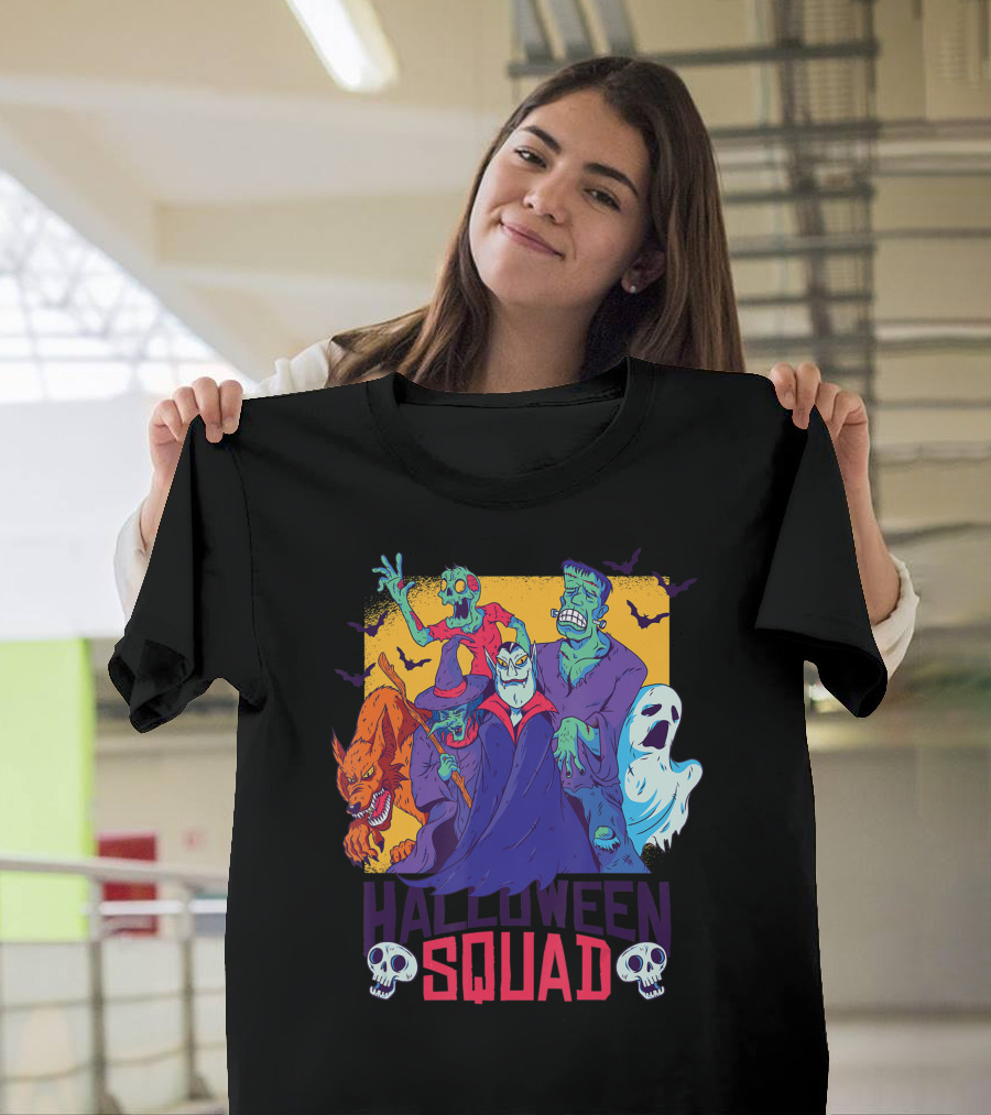 Halloween Squad Funny Horror Characters Vampire Wolf Zombie Ghost Monster T-Shirt