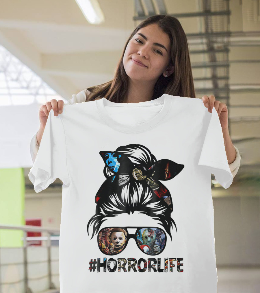 Horror Life Girl With Iconic Halloween Movie Characters T-Shirt