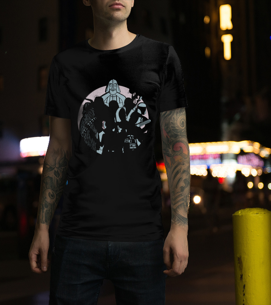 Star Wars Heroes And Villains Pastel Doodle Vader Stormtrooper Chewbacca Mandalorian R2-D2 T-Shirt