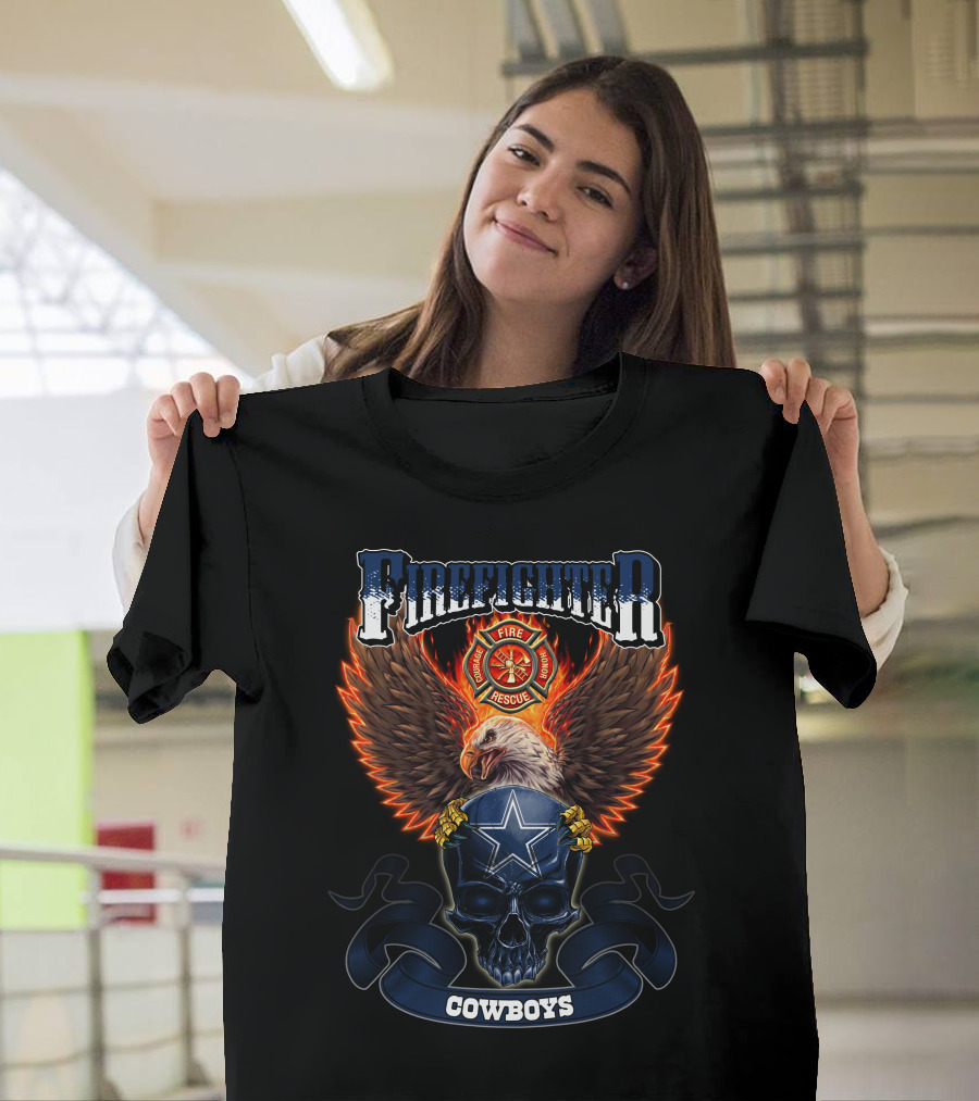 Firefighter Rescue Eagle Skull Cowboys T-Shirt