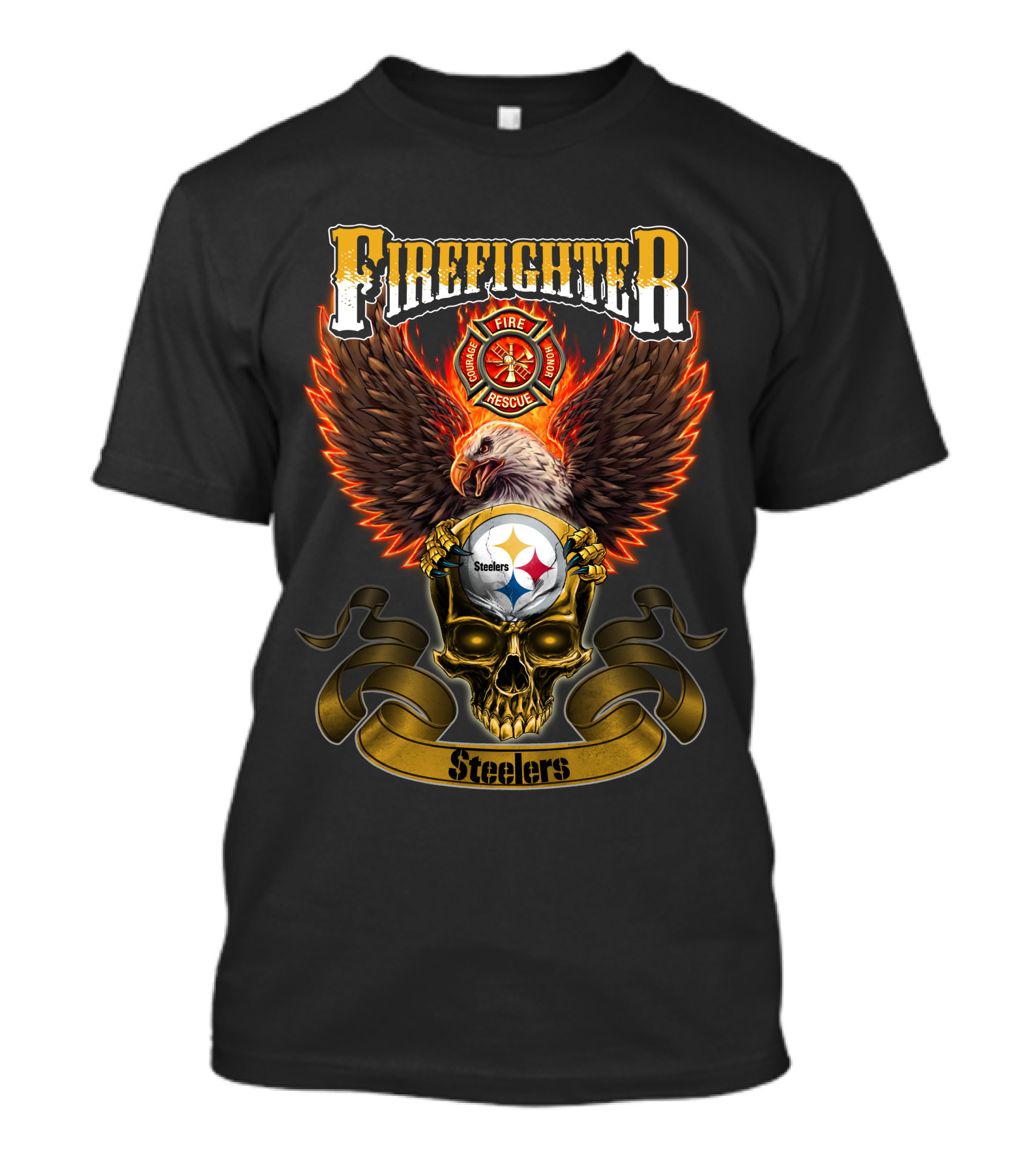 Firefighter Eagle Pittsburgh Steelers Fire Rescue Badge Skull T-Shirt