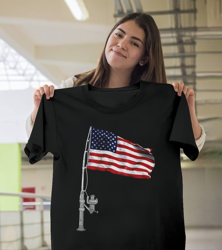 American Fishing Rod Flag Camping T-Shirt