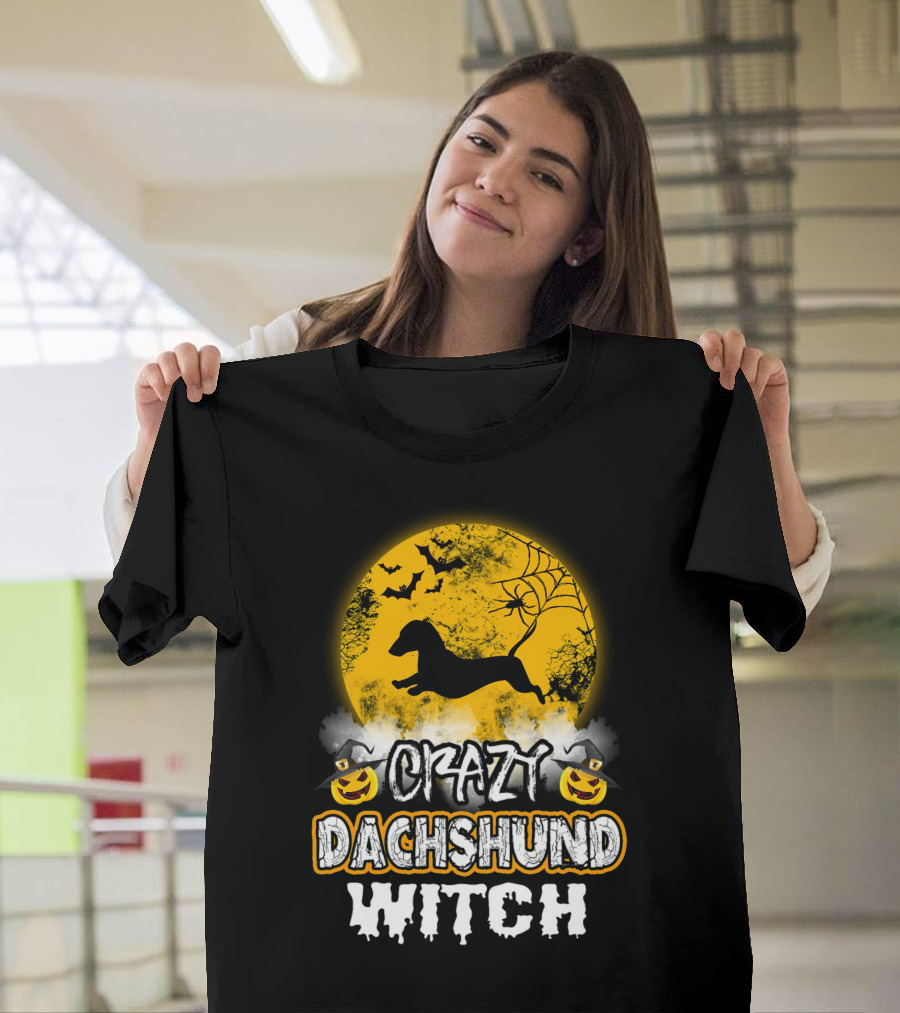 Crazy Dachshund Witch Moon Bats Pumpkin T-Shirt