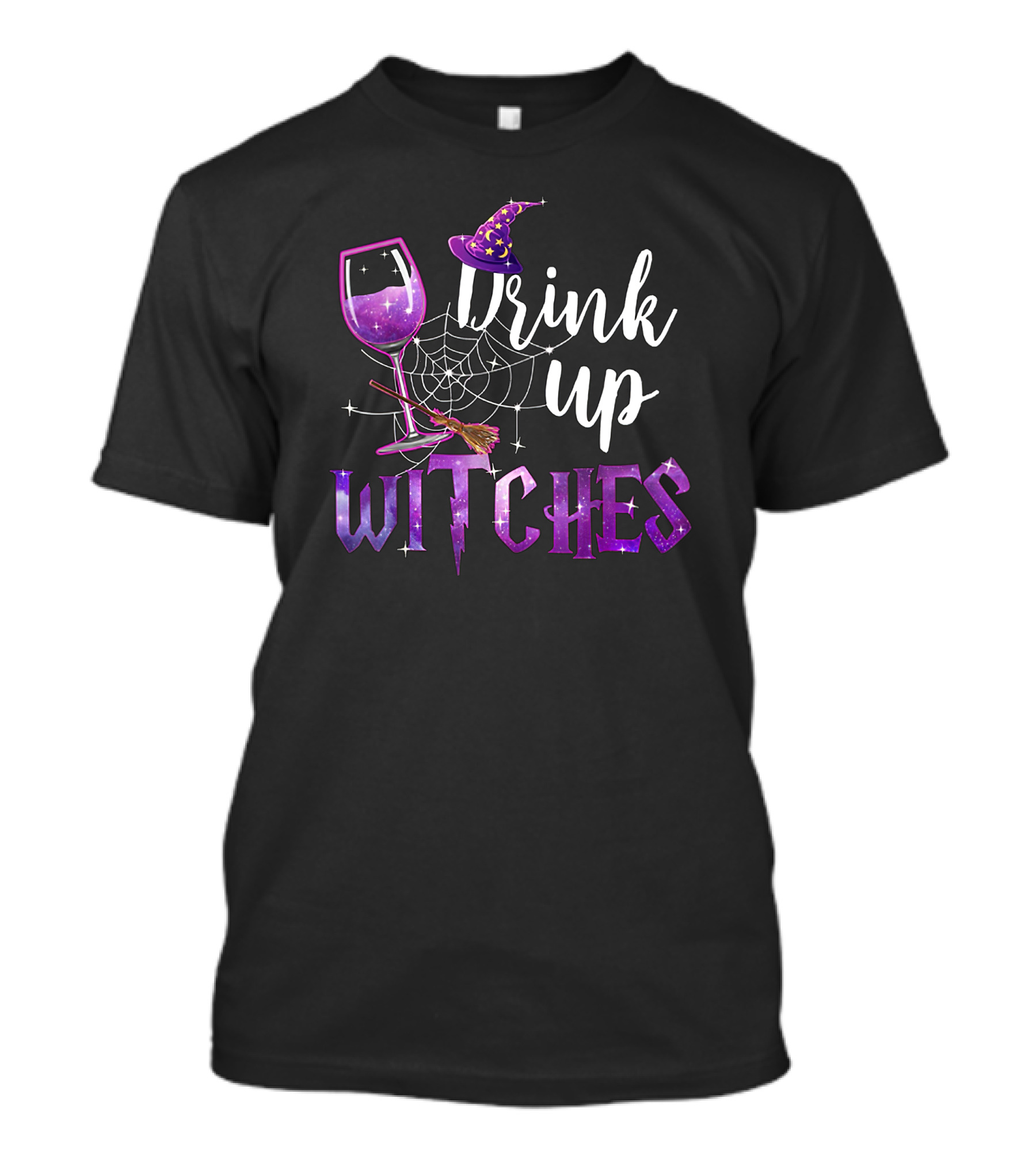 Drink Up Witches Halloween Wine Glass Witch Hat Broom Spiderweb T-Shirt