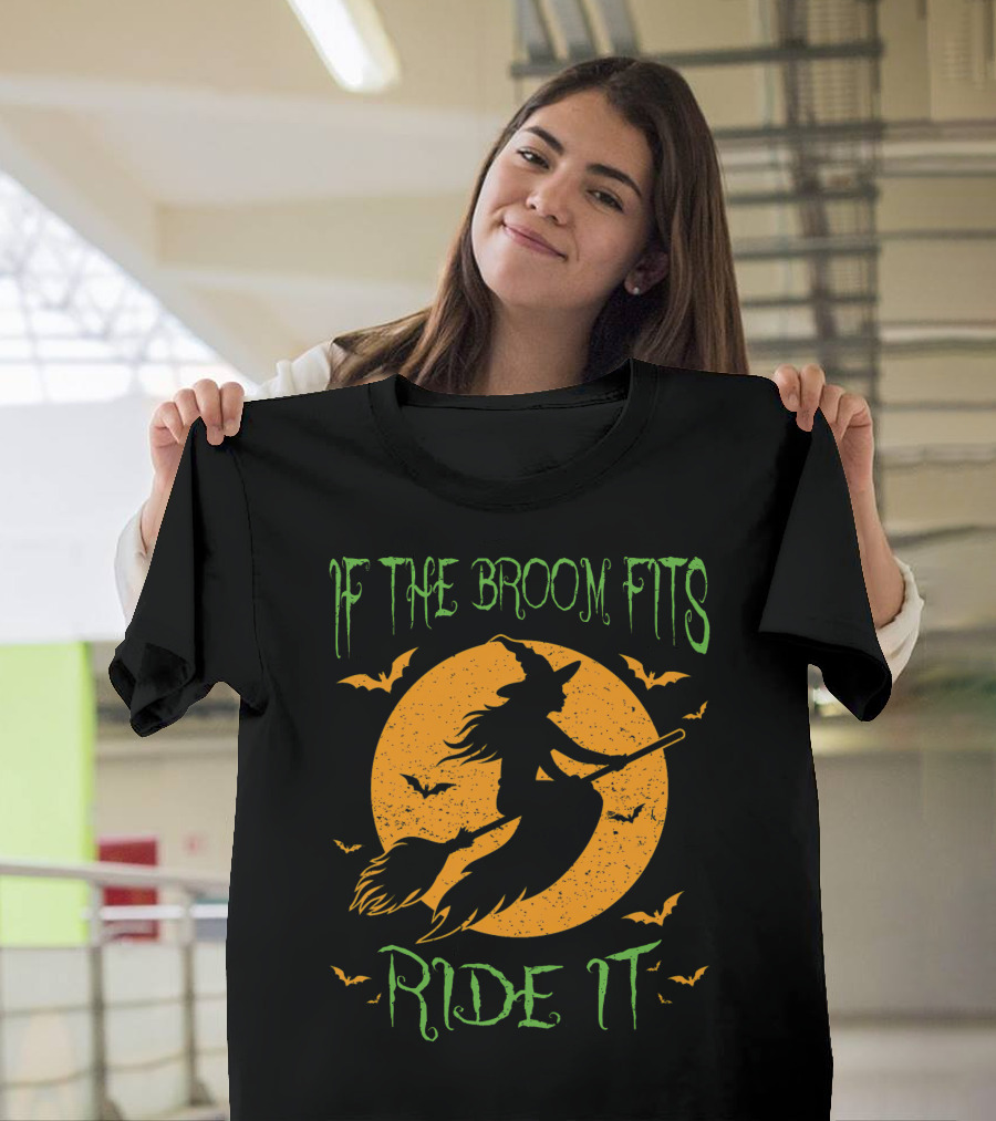 If The Broom Fits Ride It Halloween Witch Silhouette Bat Moon T-Shirt