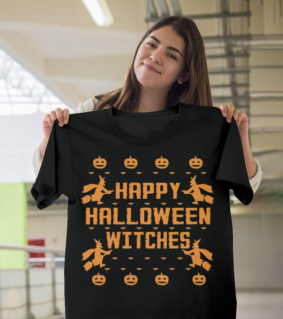 Happy Halloween Witches Flying Broomsticks Pumpkins Bats T-Shirt