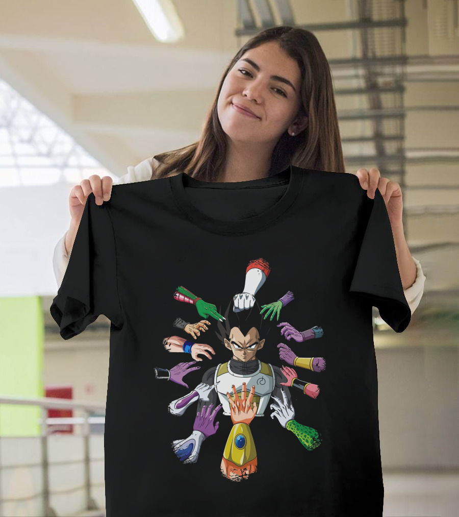 Vegeta Surrounded by Colorful Hands in John Wick T-Shirt