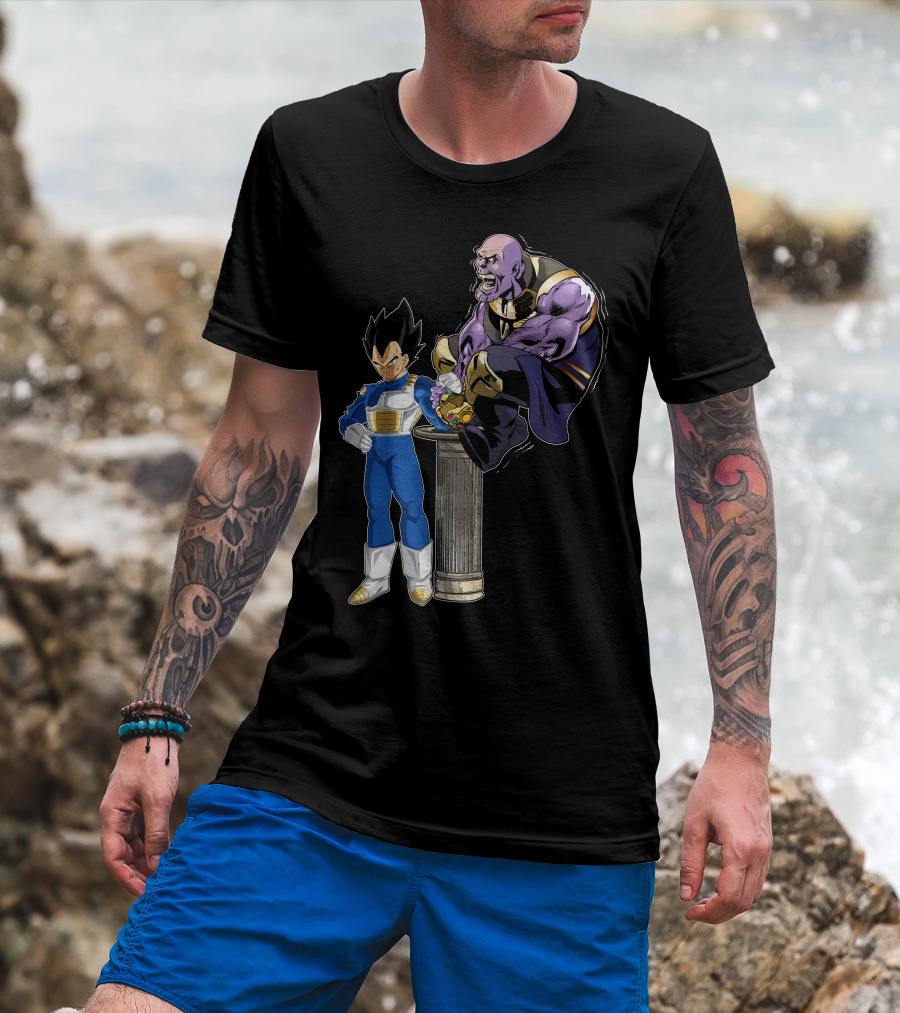 Vegeta And Thanos Arm Wrestling On Stone Pedestal T-Shirt