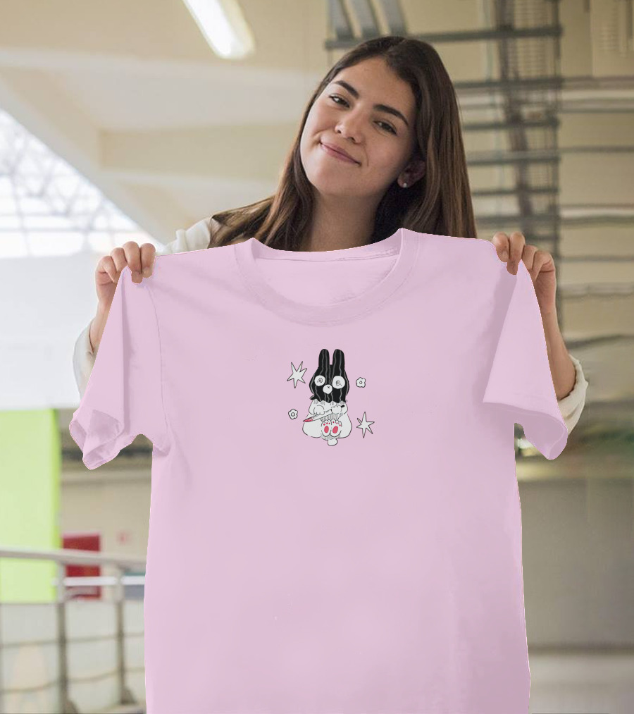 Chloe Moriondo Bunny Holding Strawberry With Stars And Flowers On Pink Background T-Shirt