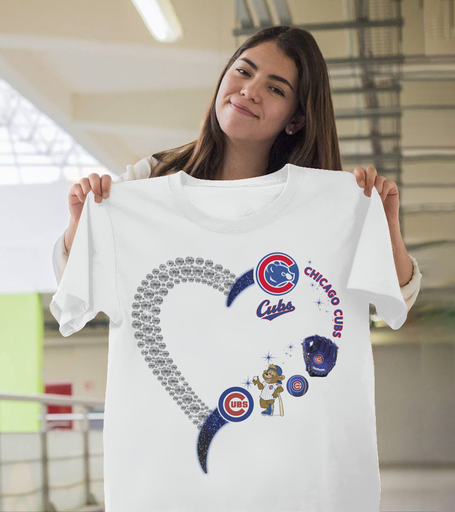 Chicago Cubs Heart Design With Logos And Bear Mascot T-Shirt
