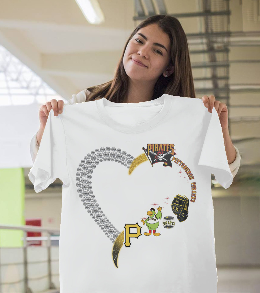 Pittsburgh Pirates Heart Logo Skully Parrot Baseball Glove P Patch T-Shirt