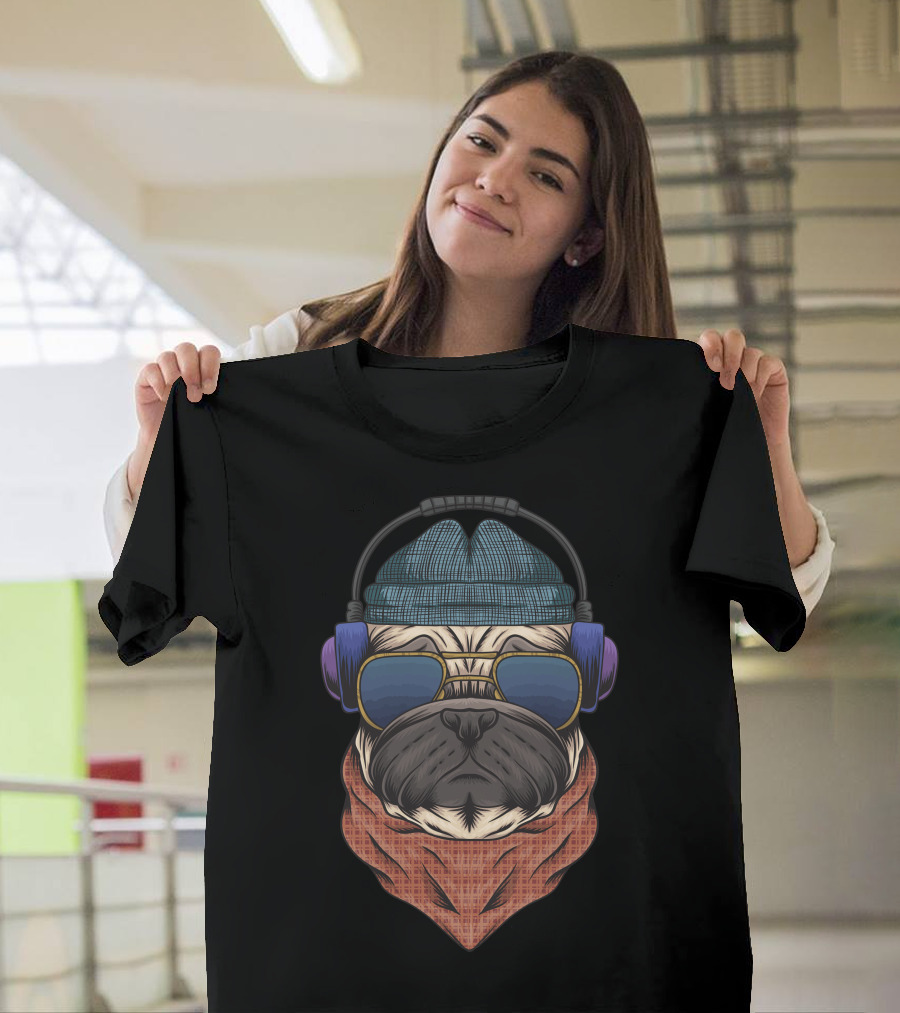 Bulldog Hipster Headphones Bandana Sunglasses Beanie T-Shirt