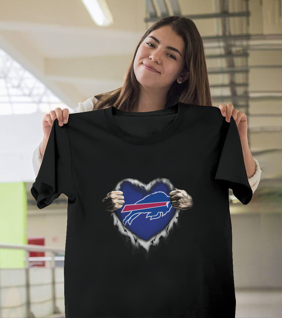 Buffalo Bills Ripped Heart with Logo in Hands T-Shirt