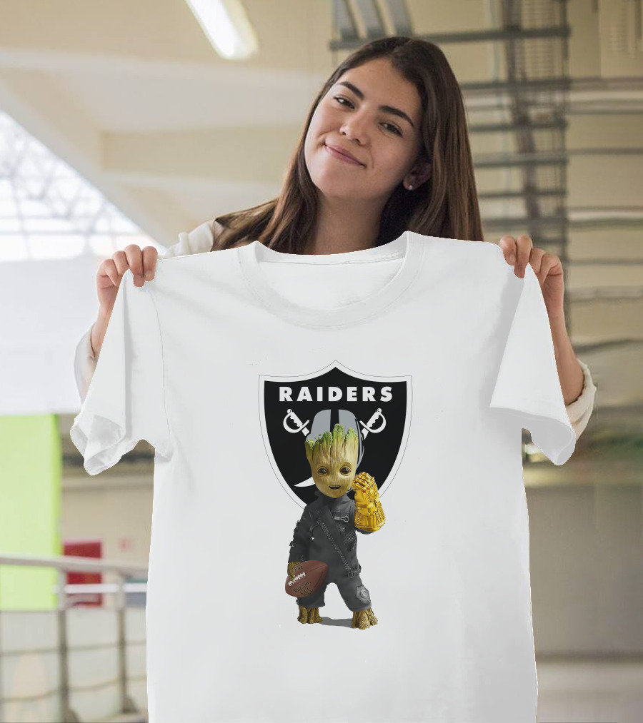 Las Vegas Raiders Groot Holding Football With Gauntlet In Front Of Raiders T-Shirt