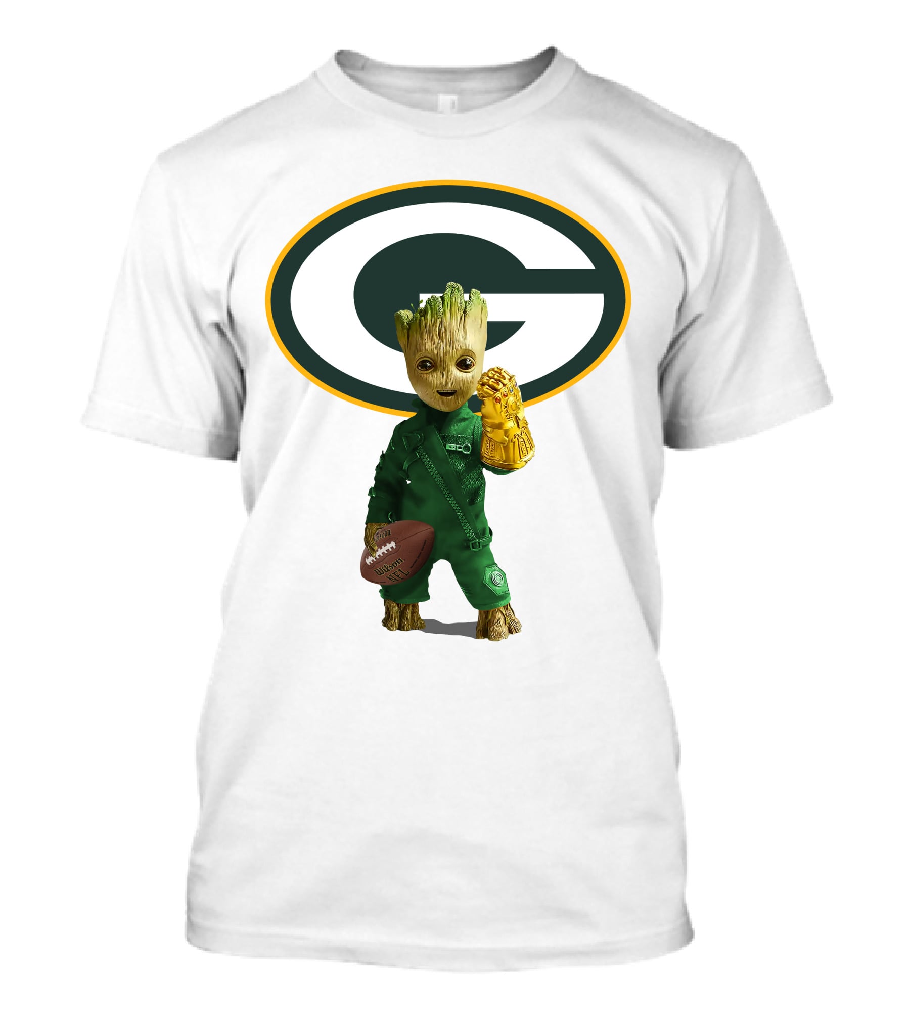 Green Bay Packers Groot Football Holding Infinity Gauntlet T-Shirt