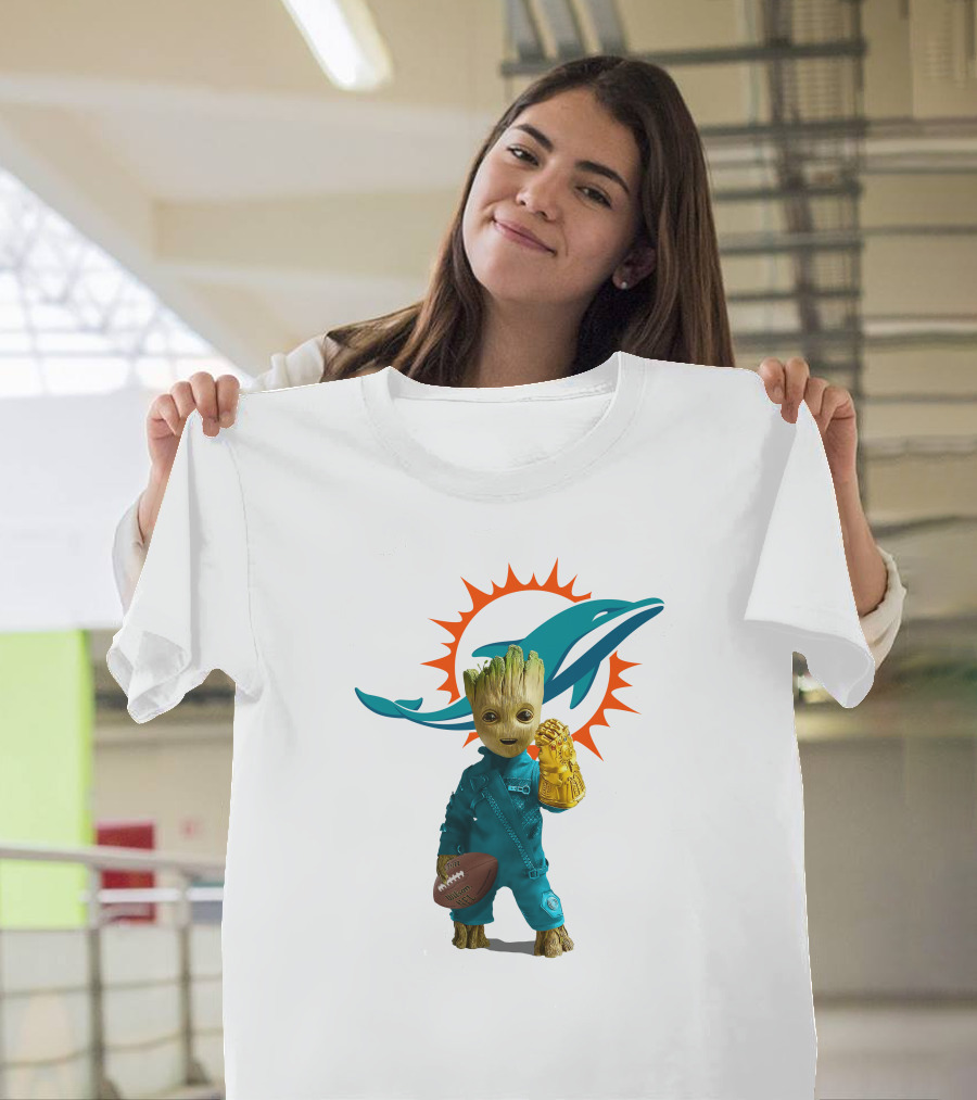 Miami Dolphins Groot Holding Football and Infinity Gauntlet T-Shirt