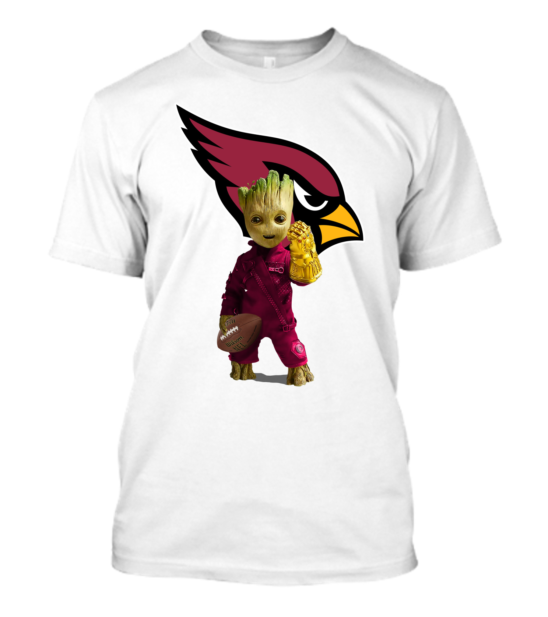 Arizona Cardinals Groot Holding Football And Infinity Gauntlet T-Shirt